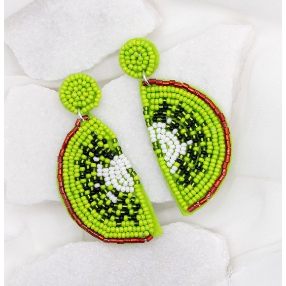Beaded Kiwi Fruit Earrings, Green Embroidered Earrings, Statement Earrings - Picture 1 of 3